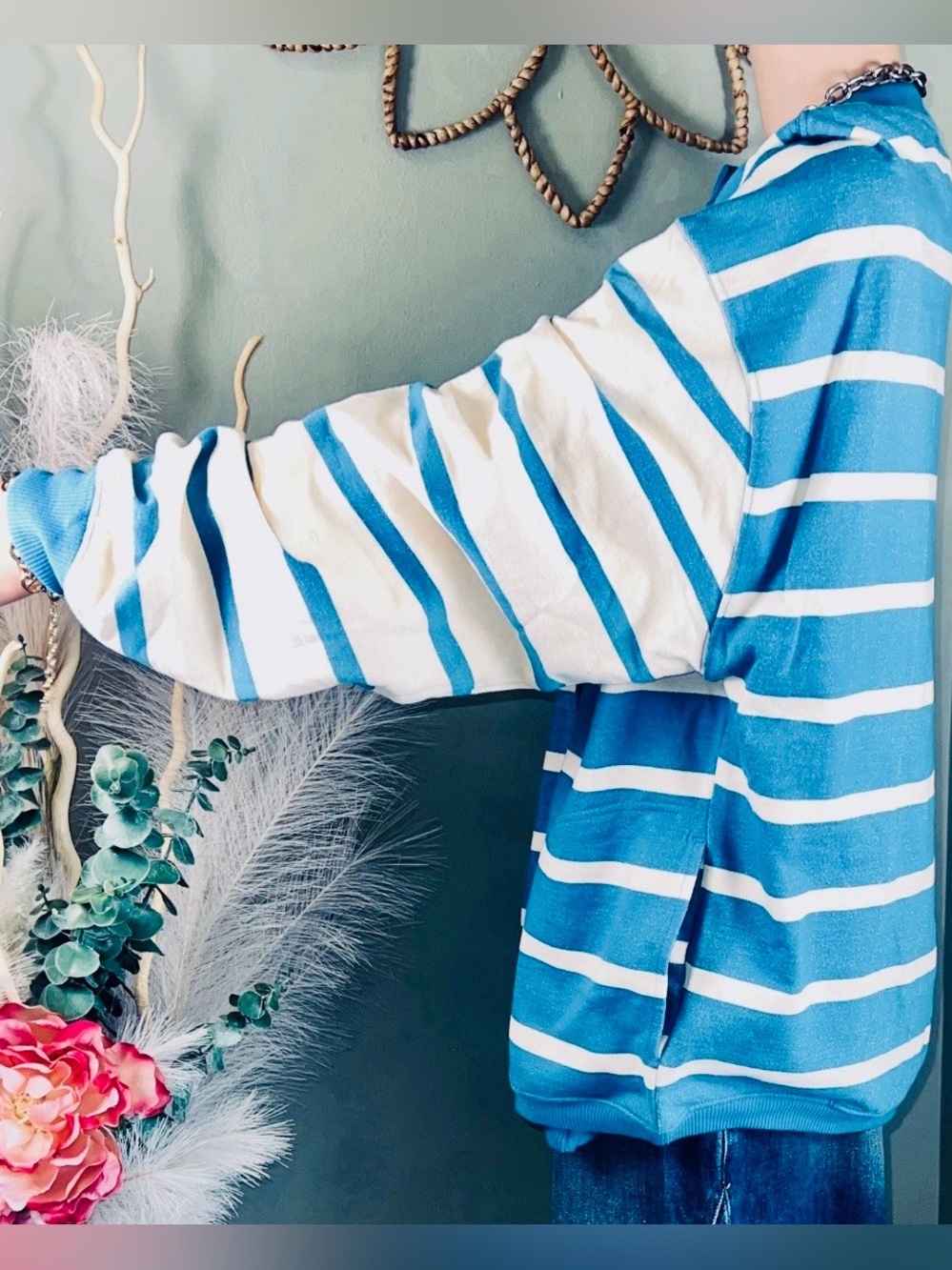 Free People We the Free Classic Striped Cardigan in Teal Combo Size Small - Picture 6 of 16